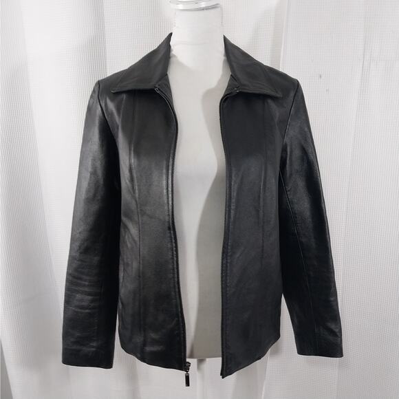 NEW YORK & CO.! BLACK GENUINE LEATHER STREAMLINED & SLEEK JACKET, COAT! SZ S - Picture 4 of 11